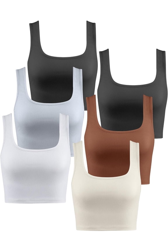 6 Pack Womens Crop Tank Tops Basic Seamless Ribbed Square Neck Tank Tops Exercise Summer Yoga Top