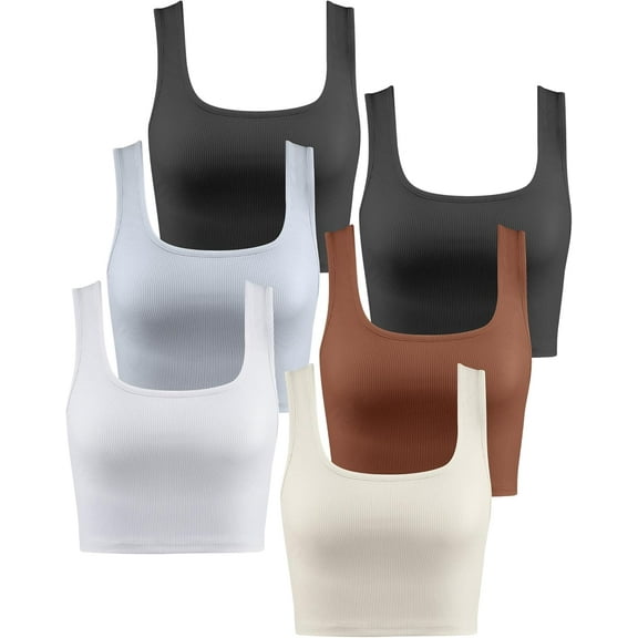 BlinkLLX 6 Pack Womens Crop Tank Tops Basic Seamless Ribbed Square Neck Tank Tops Exercise Summer Yoga Top