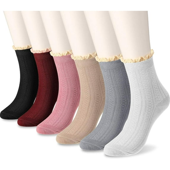 BlinkLLX 6 Pairs Women's Lace Ruffle Frilly Boot Socks - Vintage Cute Trim Ankle Cotton Knit Socks