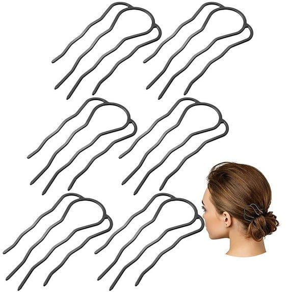BlinkLLX 6 Pcs French Hair Pin Metal Hair Forks Clip U Shaped Updo Bun Comb Hairpins 4 Prong Twist Side Comb for Buns Women Styling Accessories(Black)