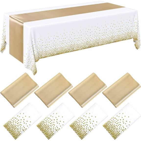 BlinkLLX 8 Pack White and Gold Disposable Plastic Tablecloths and Satin Table Runner Set, 54 x 108 Inch Tablecloth, 12 x 108 Inch Table Runners for Wedding First Communion Baby Shower Graduation