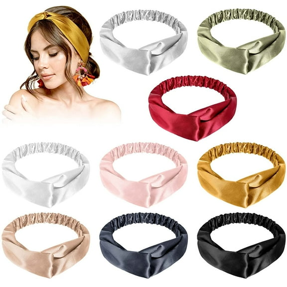BlinkLLX 9 Pieces Elastic Hair Wraps and Adjustable Satin Headbands Twisted Turban Band for Face Washing, Women and Girls Hair Accessory, 9 Colors