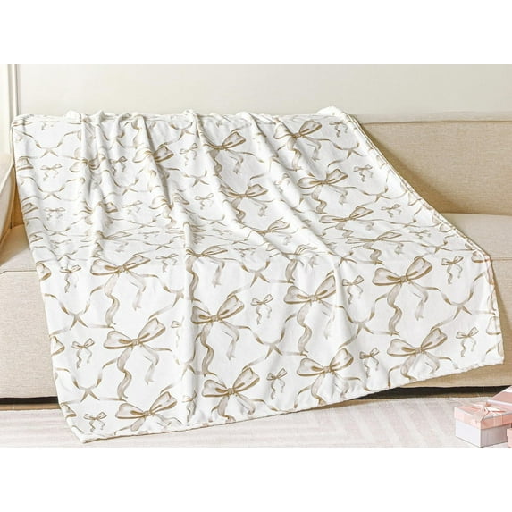 BlinkLLX Bow Throw Blanket Preppy Blanket Coquette Flannel Soft Cute Bow Stuff Lightweight Aesthetic Plush Preppy Room Decor for Sofa Couch Travel Bed, 50" x 60"(Beige)