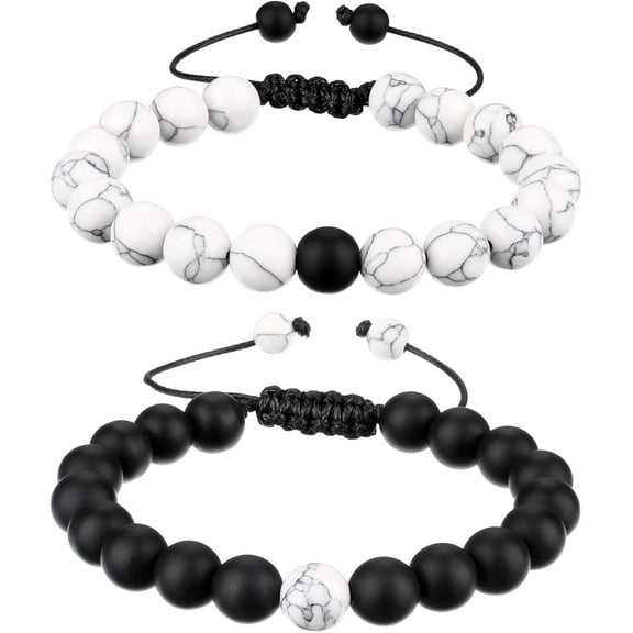 BlinkLLX Howlite Bracelet Black Matte Agate Bracelet for Couples Long Distance 8mm Beads Jewelry Adjustable His and Her Friendship Gifts