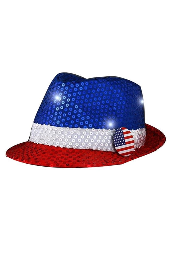 3995470 Light Up USA Flashing Fedora Hat with Red, White & Blue Sequins