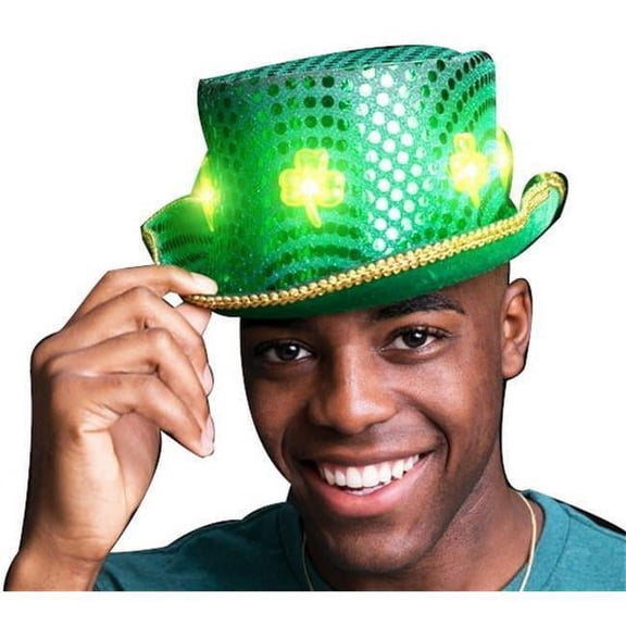 Blinkee LGCUSPITH LED Clover Ultimate Sequin Plush Irish Top Hat with Shamrocks for St. Patricks Day, Green