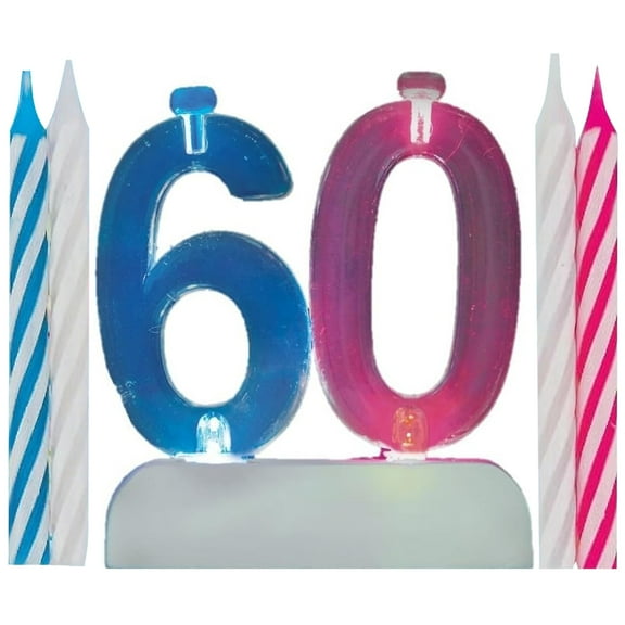 Blinking Number 60 Candle Holder and Birthday Candle Set, 5 Pieces