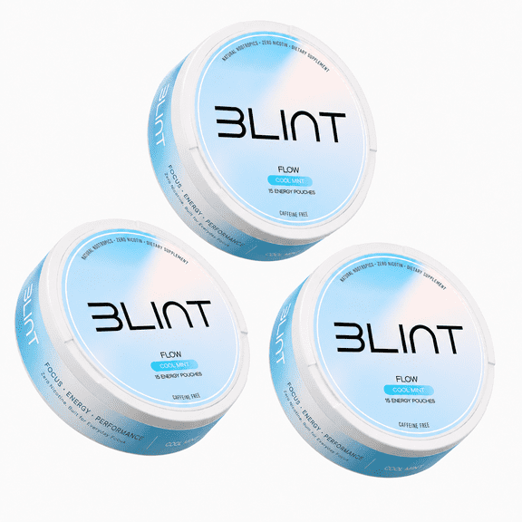 Blint Flow Caffeine-Free Nootropic Pouches - with Alpha GPC, L-Tyrosine & L-Theanine - No Sugar or Artificial Sweeteners - 15 Nicotine Free Pouches Per Can - 3 Cans (Cool Mint)