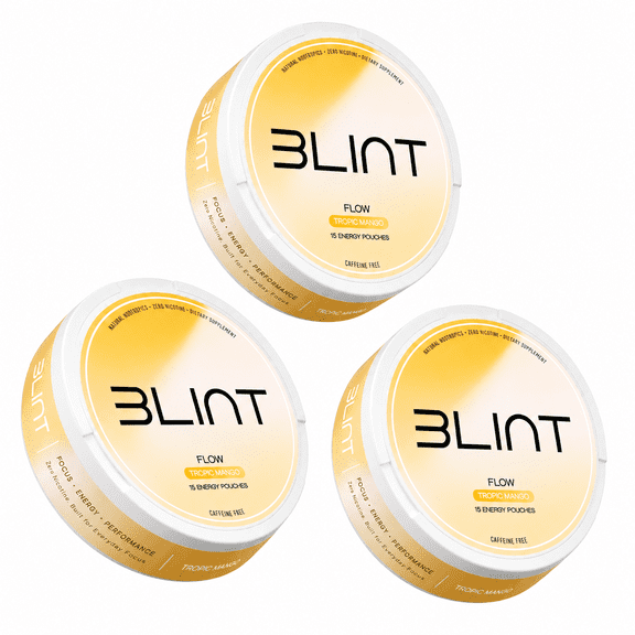 Blint Flow Caffeine-Free Nootropic Pouches - with Alpha GPC, L-Tyrosine & L-Theanine - No Sugar or Artificial Sweeteners - 15 Nicotine Free Pouches Per Can - 3 Cans (Tropic Mango)