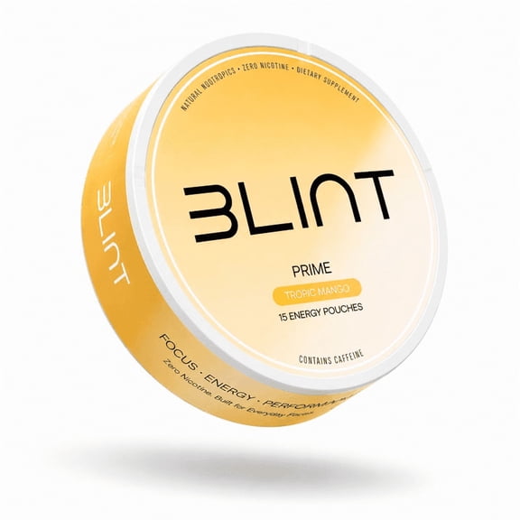 Blint Prime Caffeine Nootropic Pouches - with Alpha GPC, L-Tyrosine & L-Theanine - No Sugar or Artificial Sweeteners - 15 Nicotine Free Pouches Per Can - 3 Pack (Tropic Mango)