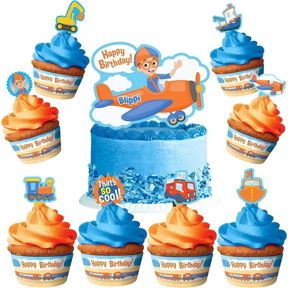 Blippi Birthday Cake Topper & Blippi Cupcake Toppers Kit Vehicle