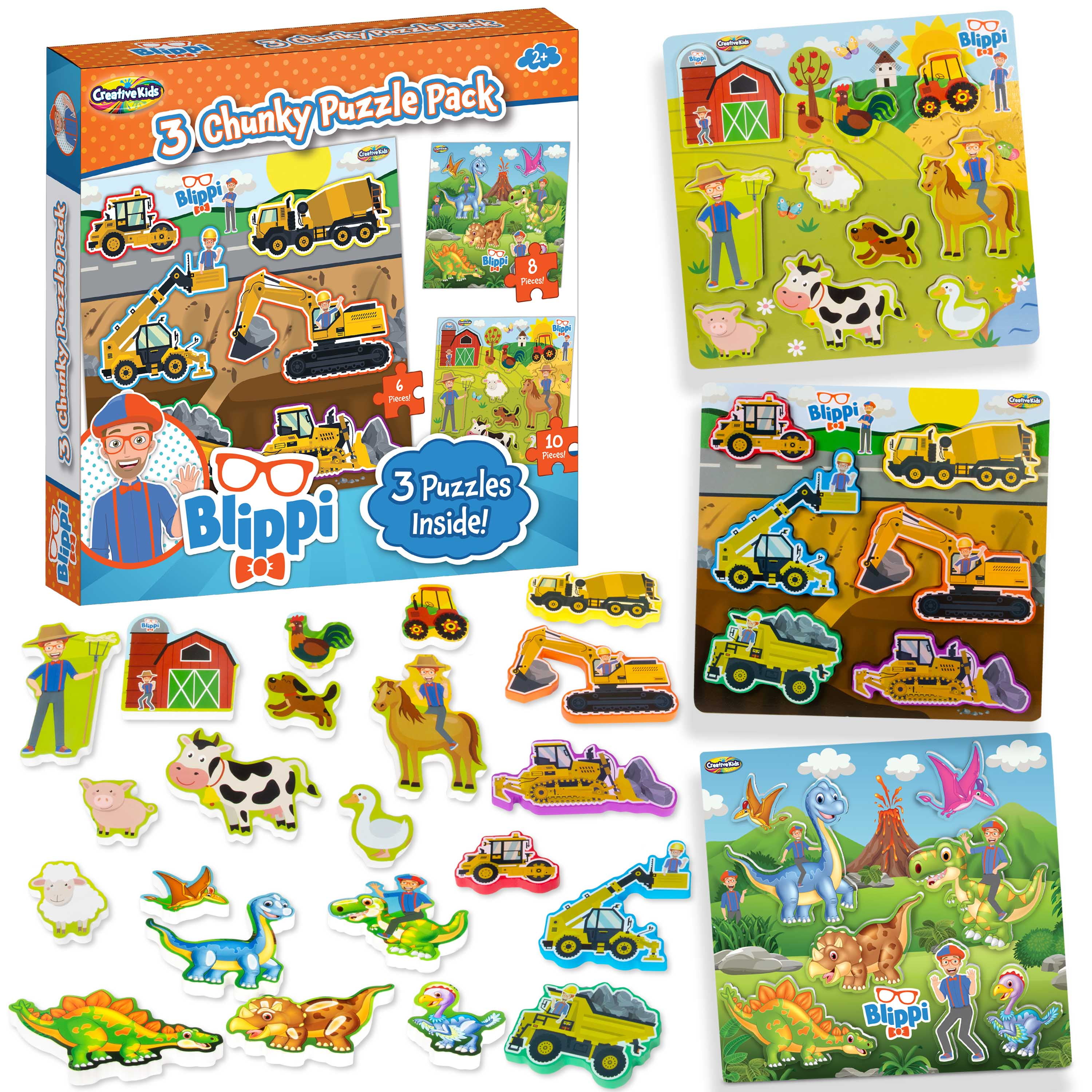 Blippi Chunky Puzzles for Toddlers - 3-in-1 Chunky Puzzle Set for Kids Ages 2+ - Wooden Animal Puzzle for 2 Year Old - Baby Puzzle with Big Dinosaurs and Construction Pieces - Wood Puzzle Gift Set