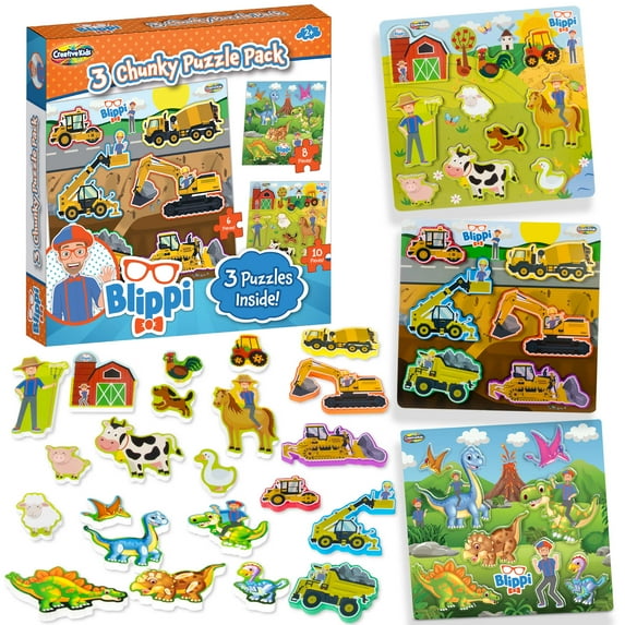Blippi Chunky Puzzles for Toddlers - 3-in-1 Chunky Puzzle Set for Kids Ages 2+ - Wooden Animal Puzzle for 2 Year Old - Baby Puzzle with Big Dinosaurs and Construction Pieces - Wood Puzzle Gift Set