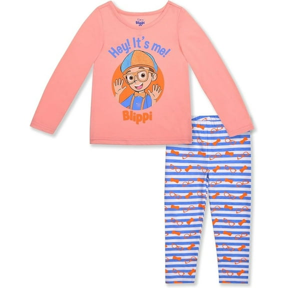 Blippi Girl’s Long Sleeve T-Shirt and Legging Pants Set for Toddlers and Big Kids – Orange/Blue