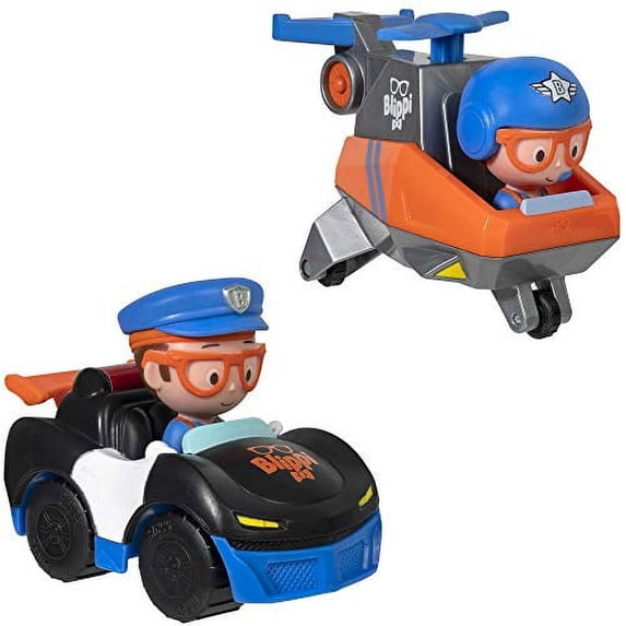 Blippi Mini Vehicles, Features Police Car and Helicopter, Each with a Character Toy Figure Seated Inside - Zoom Around The Room for Free-Wheeling Fun - Perfect for Young Children