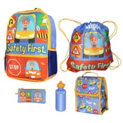 Blippi Safety First Kids School Travel Backpack 5 Pc Set With Lunch Box, Drawstring Bag, Water Bottle, and Pencil Case