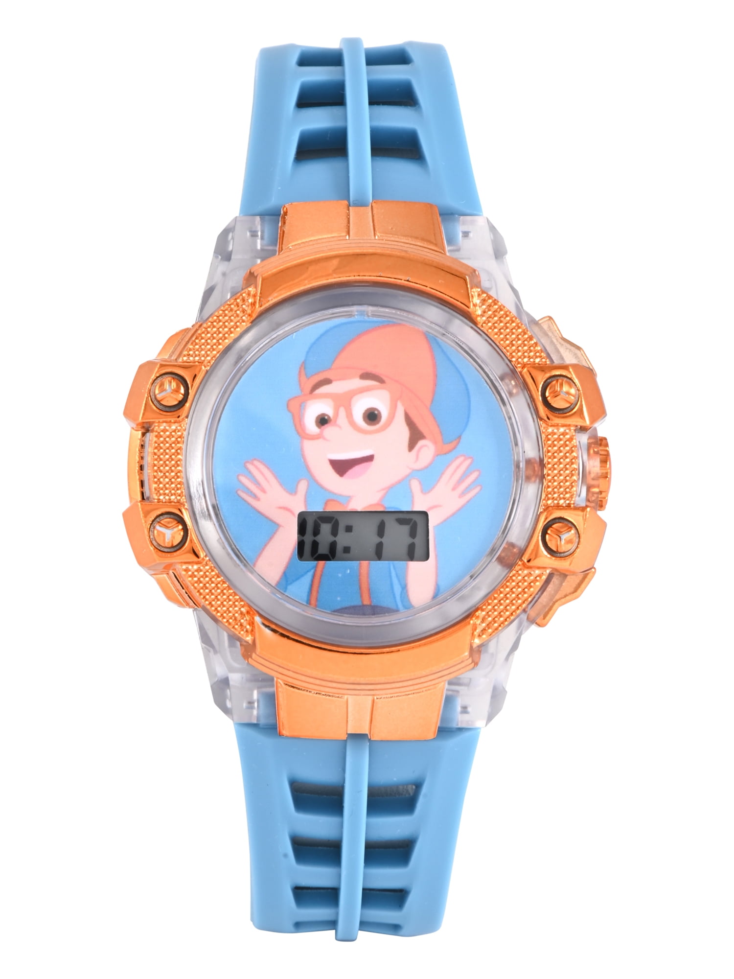 Blippi Boys Perforated Light Blue Silicone Strap Watch with Clear Case and Orange Metallic Bezel; BLP4006WM