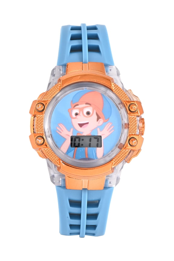 Boys Perforated Light Blue Silicone Strap Watch with Clear Case and Orange Metallic Bezel; BLP4006WM