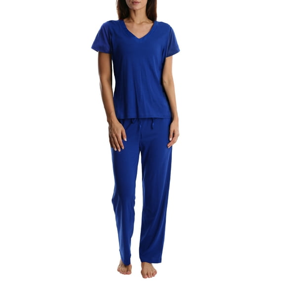 Blis Adult Womens Satin Trim Long Sleeve Sleep Cotton Pajama Pant Set