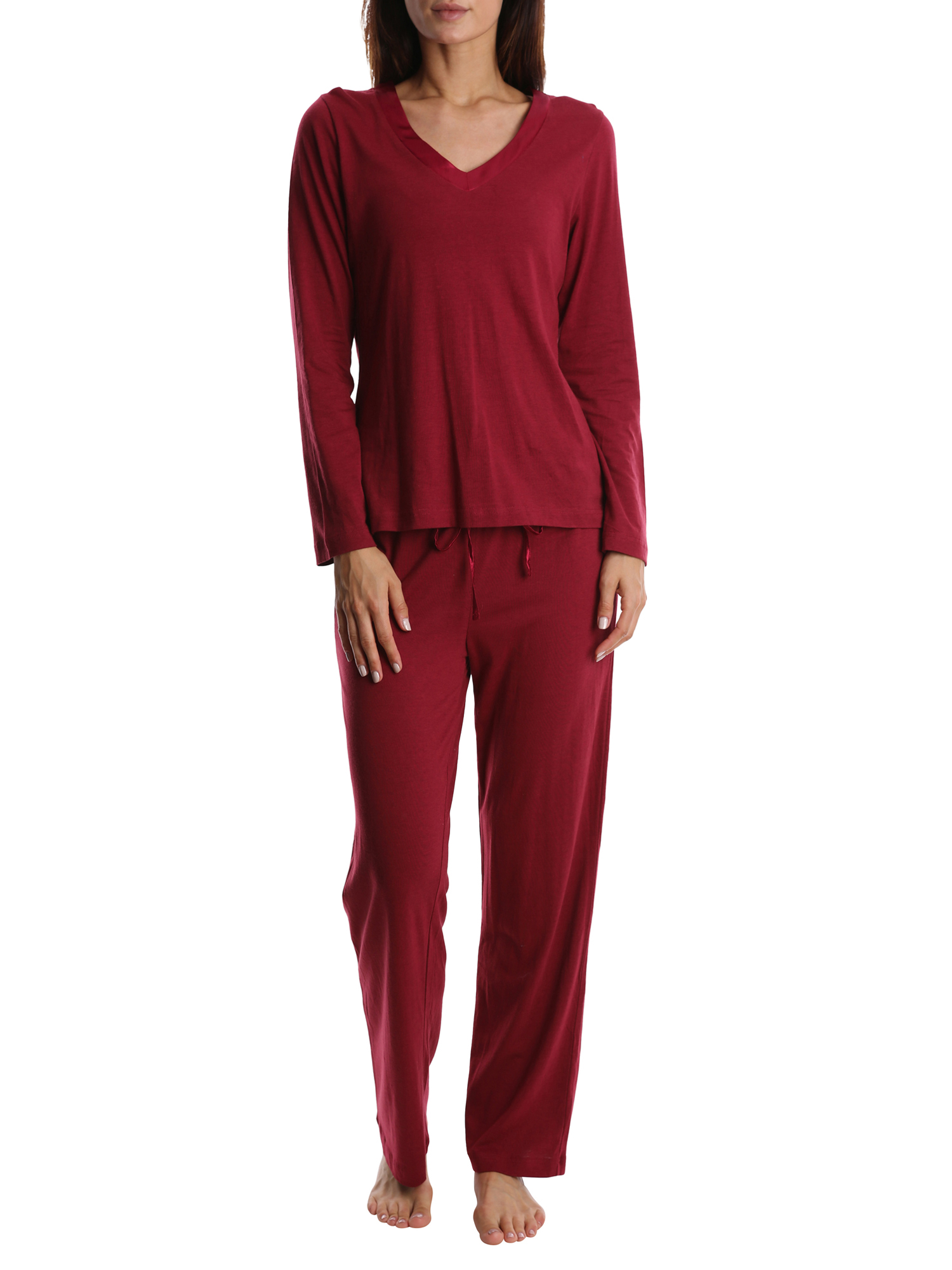 Blis Adult Womens Satin Trim Long Sleeve Sleep Cotton Pajama Pant Set