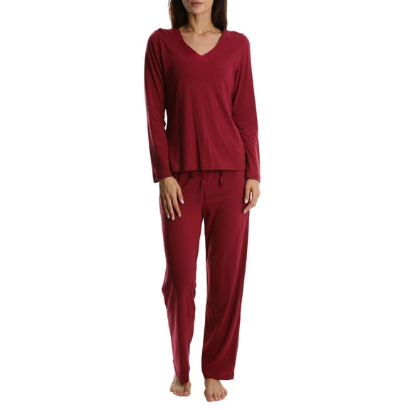 Blis Adult Womens Satin Trim Long Sleeve Sleep Cotton Pajama Pant Set