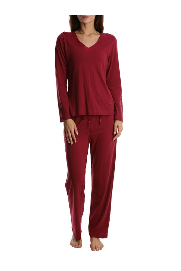 Adult Womens Satin Trim Long Sleeve Sleep Cotton Pajama Pant Set