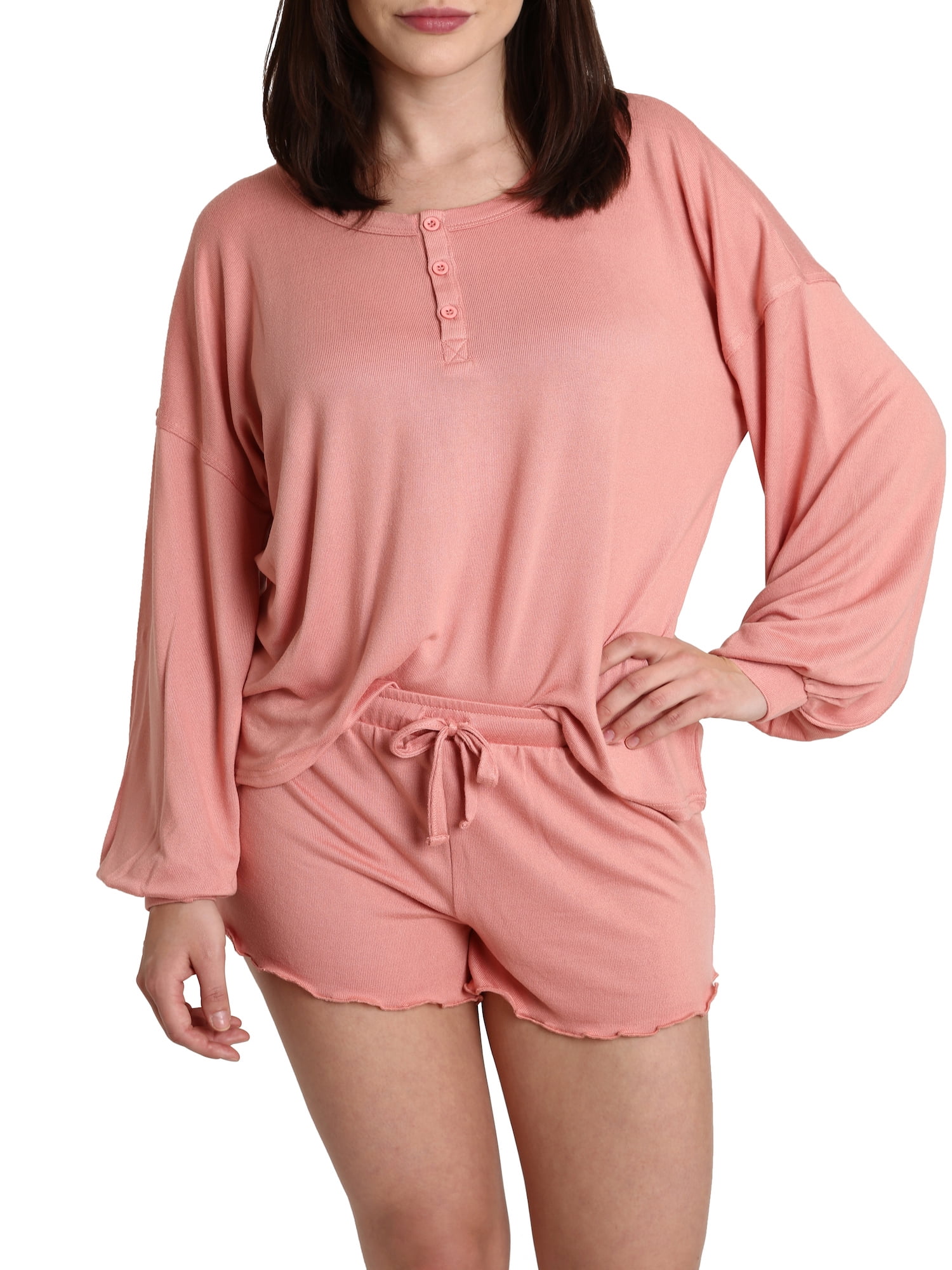 Blis Women's Flowy Henley Button-Up Long Sleeve Tee and Lettuce Edge Short Set Blush Pink