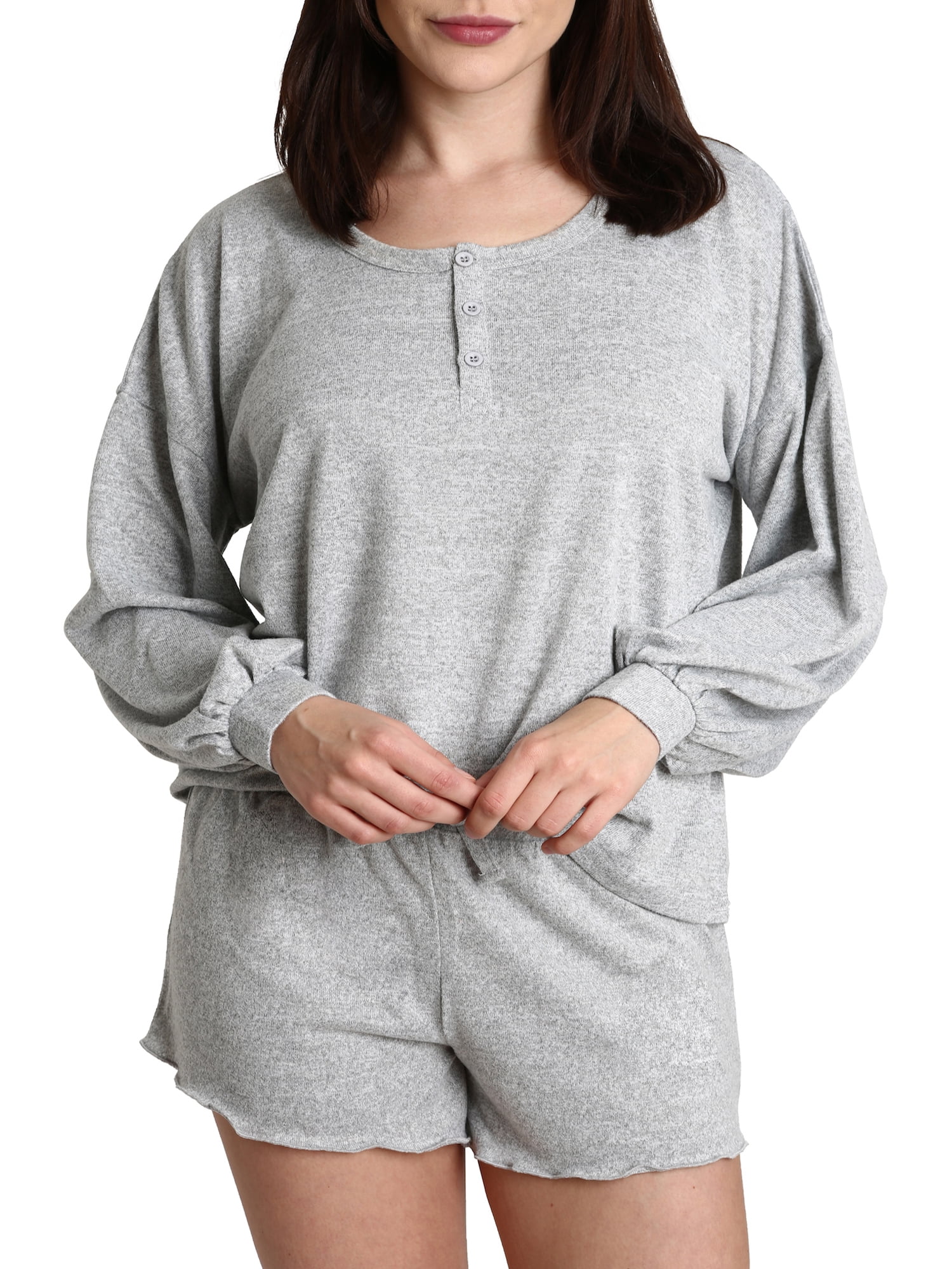 Blis Women's Flowy Henley Button-Up Long Sleeve Tee and Lettuce Edge Short Set Grey