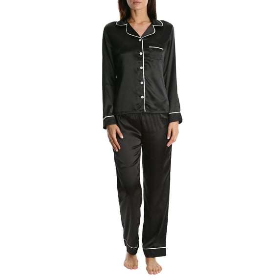 Blis Women's Satin Long Sleeve Sleep Shirt and Lounge Pants PJ Set - Ladies Pajamas & Sleepwear - Midnight Black, Medium