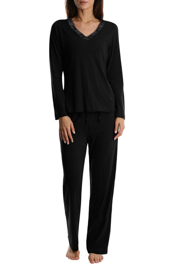Women's and Women's Plus Sleep Long Sleeve Satin Trim Pajama Pant Set