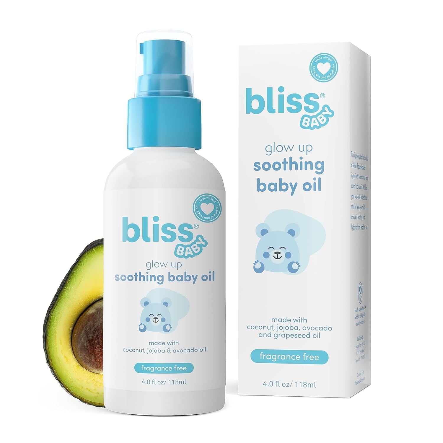 Bliss Baby Soothing Baby Oil, All Natural, Premium & Fragrance Free, Vegan - Made with Organic Avocado Oil & Other Plant-Based Ingredients, Dermatologist Tested, Hydrating Baby Massage Oil, 4 fl. Oz.