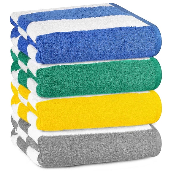 Bliss Casa 100% Cotton Beach Towels (4 Pack, 30 x 60 Inch) - Extra Soft & Highly Absorbent Summer Pool Towel Oversized Cabana Stripe (Blue, Green, Grey & Yellow)