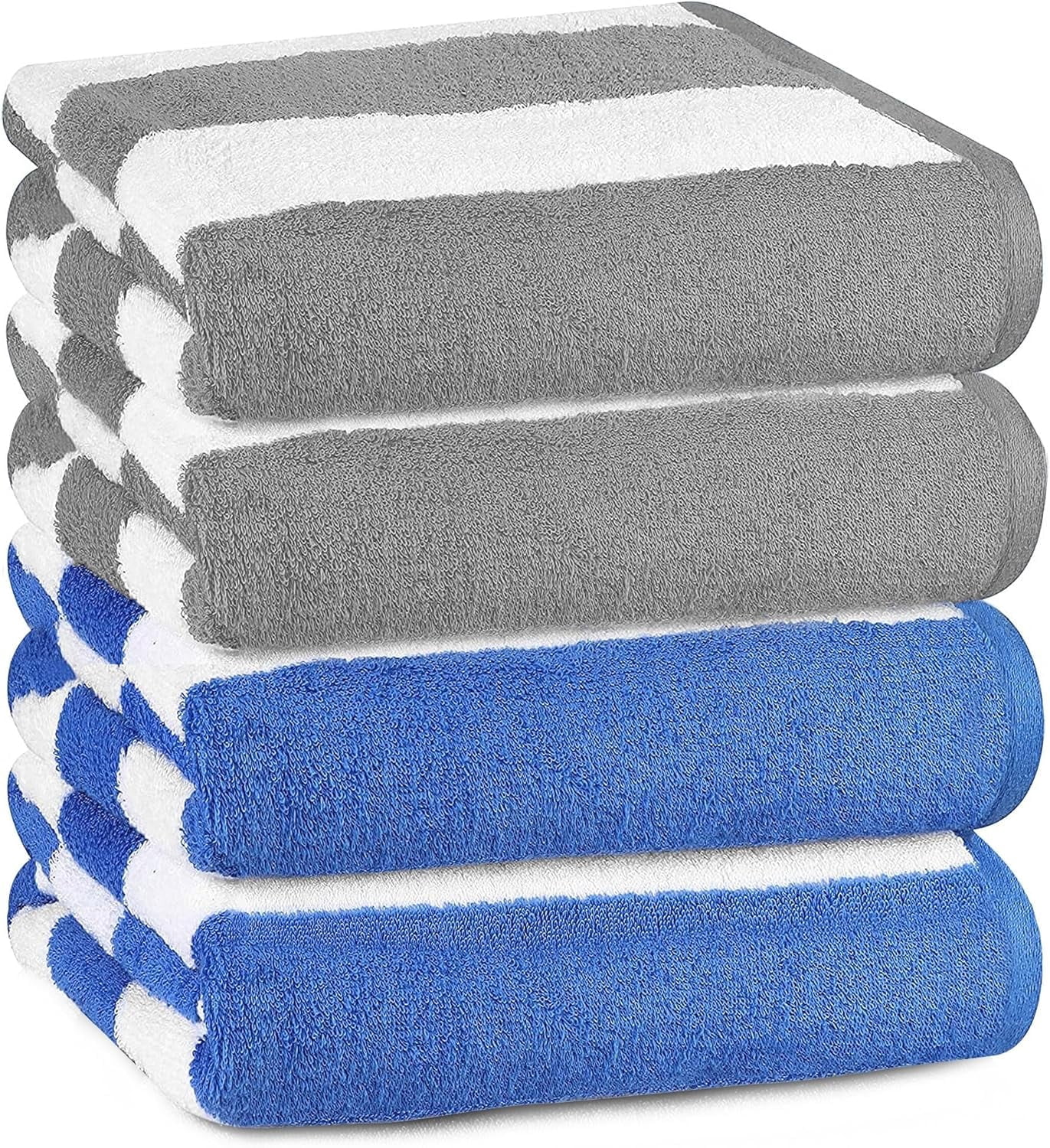 Bliss Casa 100% Cotton Beach Towels (4 Pack, 30 x 60 Inch) - Extra Soft & Highly Absorbent Summer Pool Towel Oversized Cabana Stripe (Blue/ Grey)