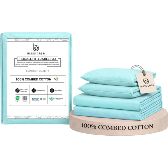 Bliss Casa 100% Cotton Full Size Sheets Set, 4 Pieces, Soft & Breathable Percale Weave Bedding, Deep Pocket 16", Hotel Standard Bed Sheet, Crisp Cool Feel, Durable