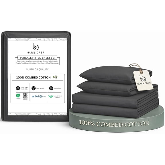Bliss Casa 100% Cotton Full Size Sheets Set, 4 Pieces, Soft & Breathable Percale Weave Bedding, Deep Pocket 16", Hotel Standard Bed Sheet, Crisp Cool Feel, Durable