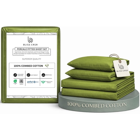 Bliss Casa 100% Cotton Full Size Sheets Set, 4 Pieces, Soft & Breathable Percale Weave Bedding, Deep Pocket 16", Hotel Standard Bed Sheet, Crisp Cool Feel, Durable