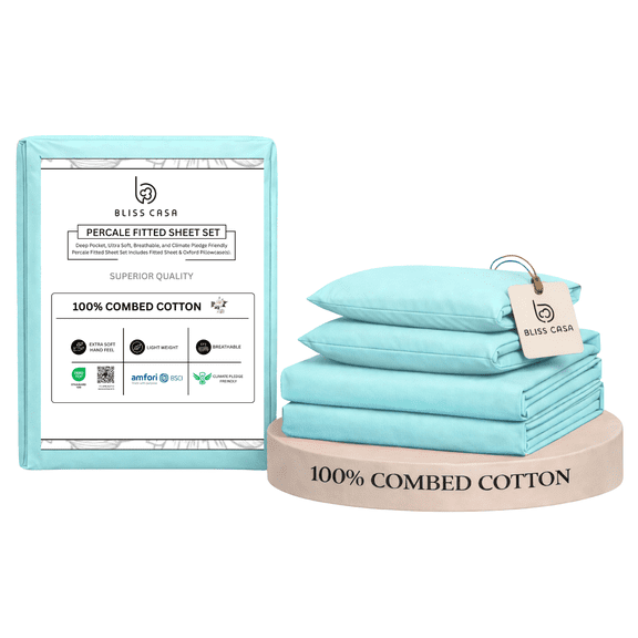 Bliss Casa 100% Cotton Queen Size Sheets Set, 3 Pieces, Soft & Breathable Percale Weave Bedding, Deep Pocket 16", Hotel Standard Bed Sheet, Crisp Cool Feel, Durable