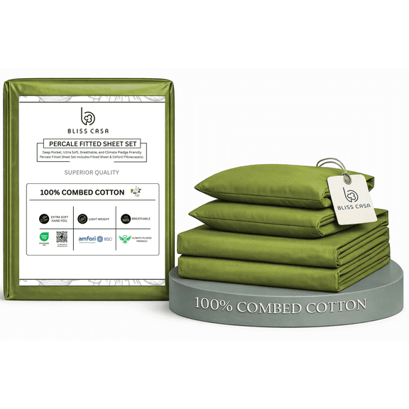 Bliss Casa 100% Cotton Queen Size Sheets Set, 3 Pieces, Soft & Breathable Percale Weave Bedding, Deep Pocket 16", Hotel Standard Bed Sheet, Crisp Cool Feel, Durable