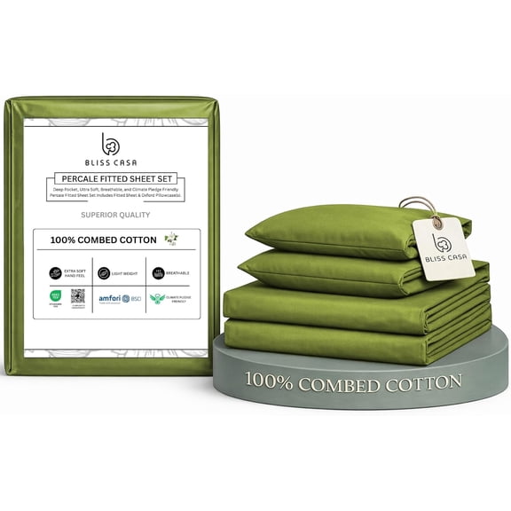 Bliss Casa 100% Cotton Queen Size Sheets Set, 4 Pieces, Soft & Breathable Percale Weave Bedding, Deep Pocket 16", Hotel Standard Bed Sheet, Crisp Cool Feel, Durable