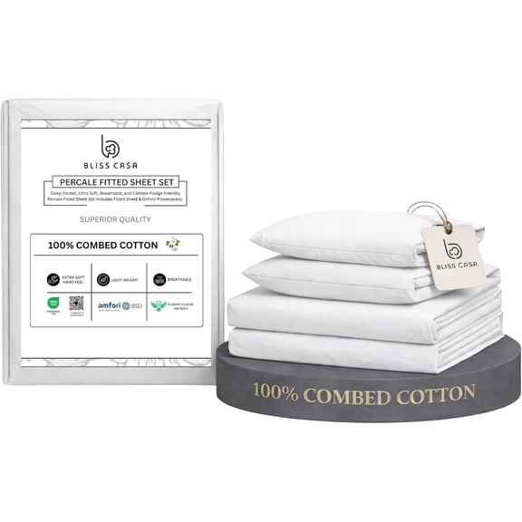 Bliss Casa 100% Cotton Queen Size Sheets Set, 4 Pieces, Soft & Breathable Percale Weave Bedding, Deep Pocket 16", Hotel Standard Bed Sheet, Crisp Cool Feel, Durable