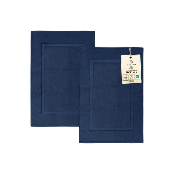 Bliss Casa Cotton Banded Bath Mat (2 Pack) 20 x 32 Inch 1000 GSM Genuine Ring Spun Cotton Highly Absorbent Bath Mat Set Washable Bathroom Floor Towel (Navy)