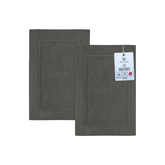 Bliss Casa Cotton Banded Bath Mat (2 Pack) 20 x 32 Inch Genuine Ring Spun Cotton Highly Absorbent Bath Mat Set Washable Bathroom Floor Towel (Grey)