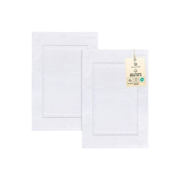 Bliss Casa Cotton Banded Bath Mat (2 Pack) 20 x 32 Inch Genuine Ring Spun Cotton Highly Absorbent Bath Mat Set Washable Bathroom Floor Towel (White)