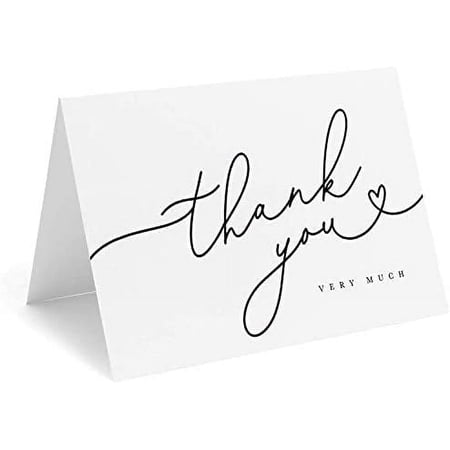 Bliss Collections Black Script Heart Thank You Cards with Kraft Envelopes, Pack of 25, 4x6 Folded, Tented, Bulk, Perfect for: Wedding, Bridal Shower, Baby Shower, Birthday, or just to say thanks!