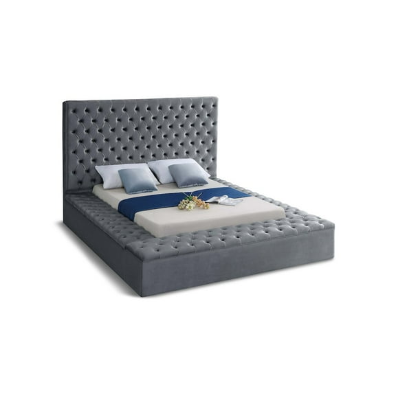 Bliss Grey Velvet Queen Bed (3 Boxes)-Color:Grey Velvet,Style:Contemporary