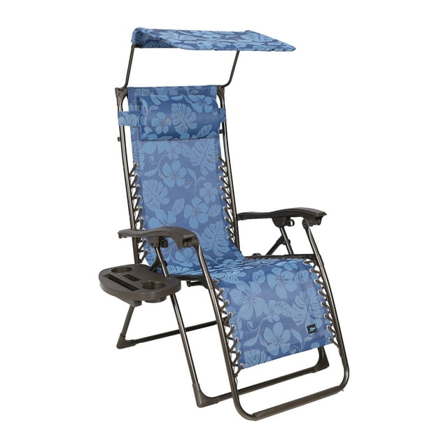 Bliss Hammocks 26-in Wide Zero Gravity Chair w/ Adjustable Canopy Sun-Shade, Drink Tray, & Adjustable Pillow, 300 Lbs Capacity (Blue Flowers)