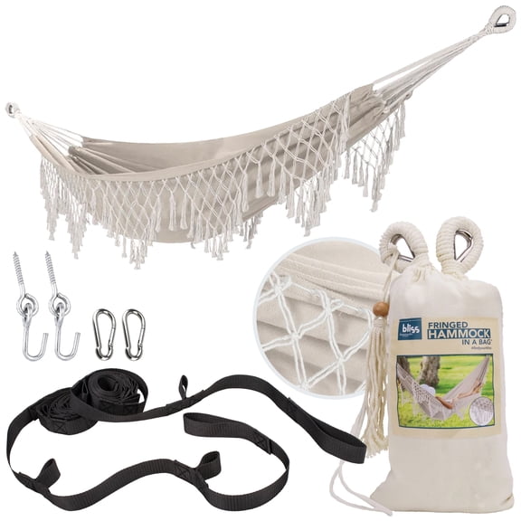 Bliss Hammocks 40"W Brazilian Hammock w/ Fringe, Rope Loops & Tree Straps, 250lb, Natural