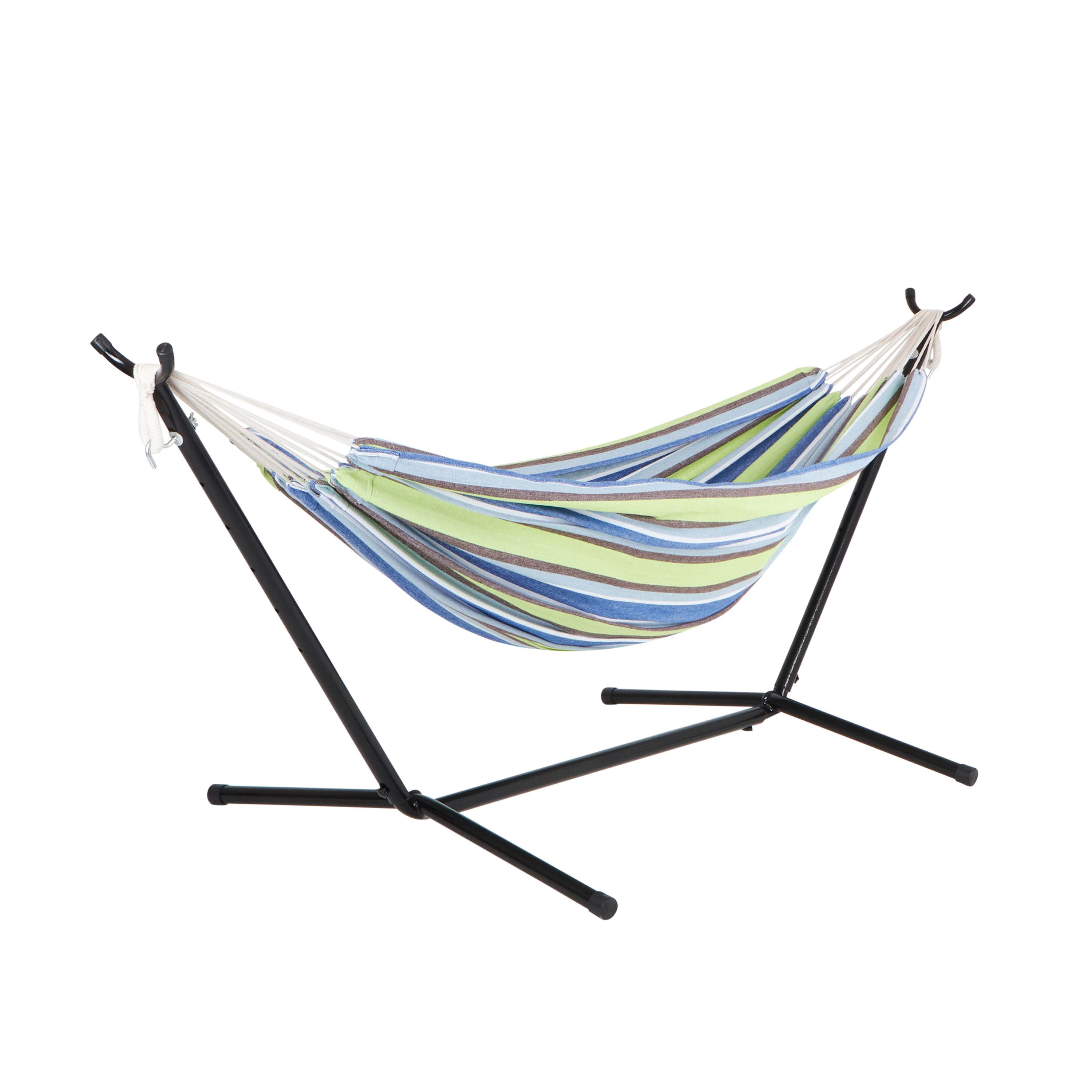 Bliss Hammocks 60" Wide Double Hammock w/Portable Carry Bag & 9ft Space Saving Powder Coated Steel Stand, Indoor, Outdoor, Patio, BackYard, Easy-Assembly, 2-Person, 400 Lbs Capacity - Garden Stripe