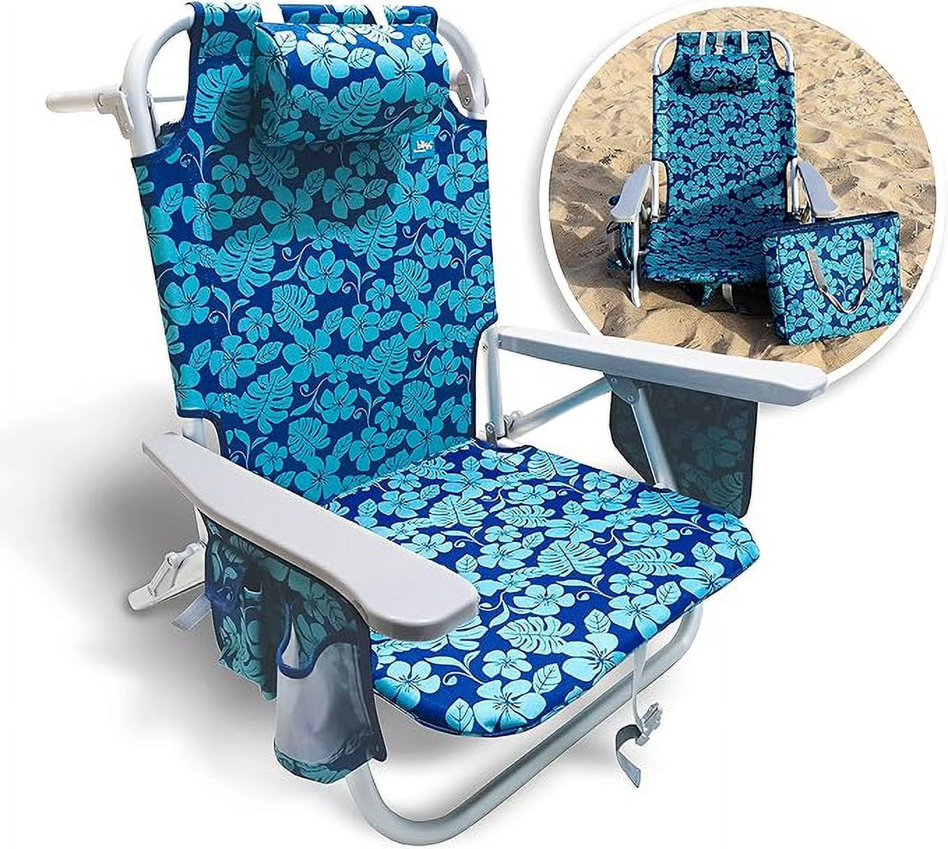 Bliss Hammocks BBC-350-BF | Folding Beach Chair | 5 Reclining Positions | Detachable Cooler Bag | Blue Flower