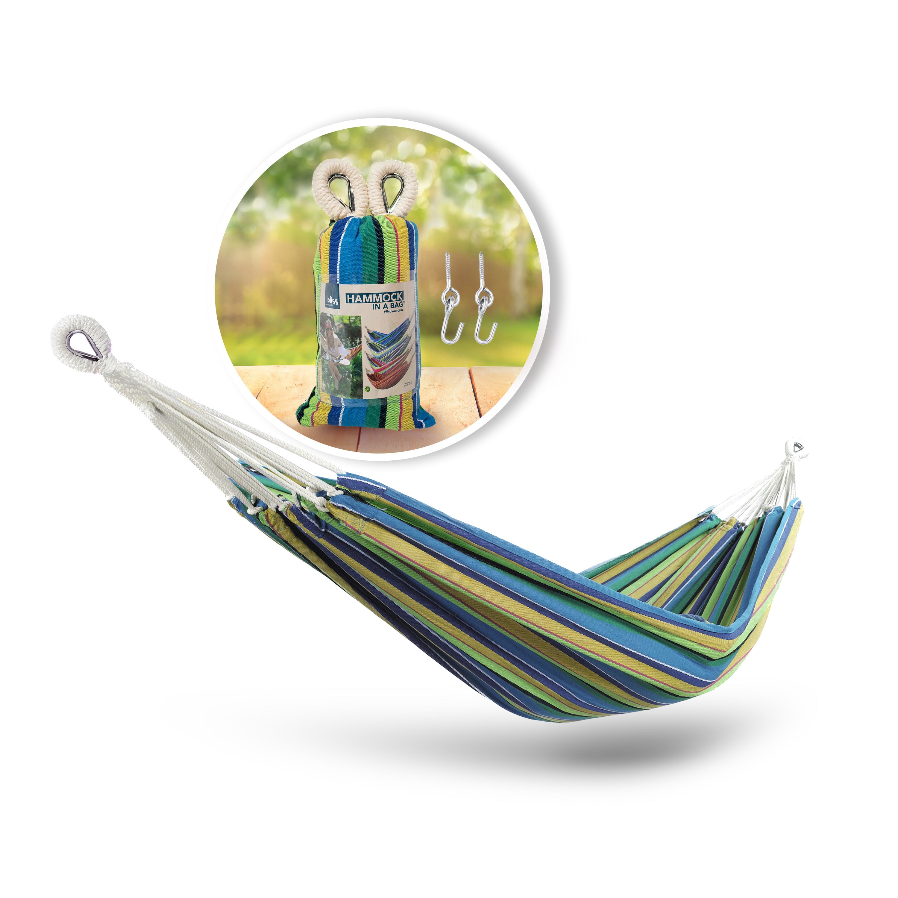 Rain Forest Striped Cotton Polyester Outdoor Hammock with Hanging Hardware